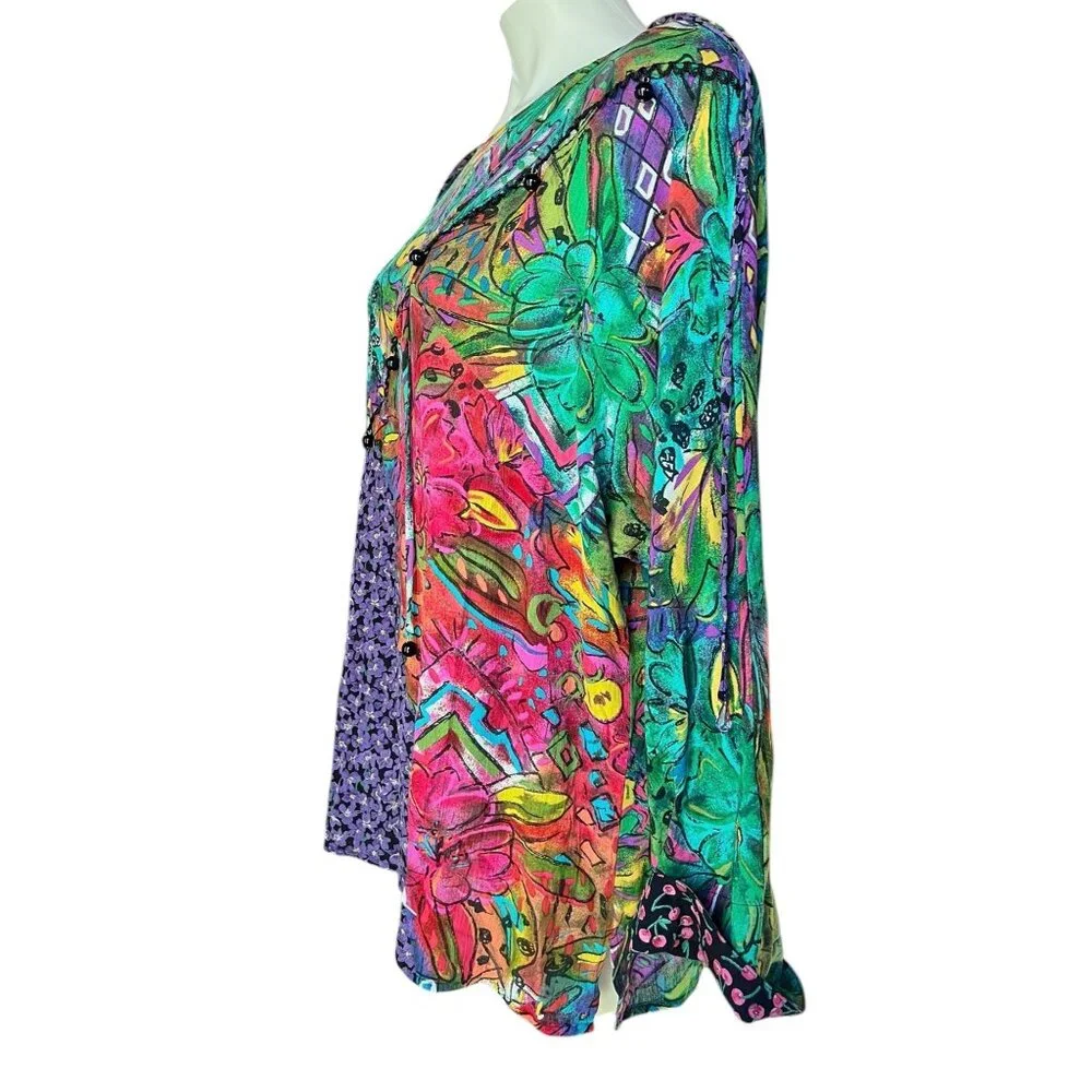 Carole Little Womens 14 Multi Print Tunic Dress Bead Trim & Ruffle Y2K Floral - Picture 4 of 12